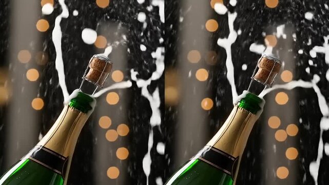 Champagne bottle with cork popping, sparkling bubbles flying, festive background with blurred lights