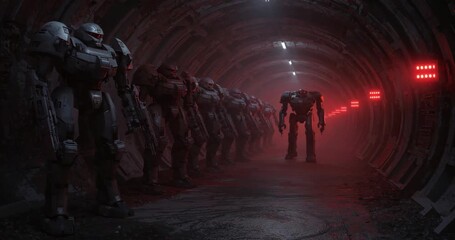 Shifting weight rifle-armed robot leaving formation and striding down tunnel, with red lights - Powered by Adobe