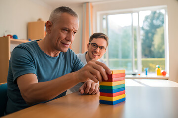Fototapeta premium Caring therapist guides elderly patient in cognitive therapy with colorful building blocks, fostering connection and recovery.