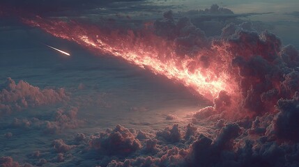 Dramatic sky with fiery clouds and a distant airplane or bird.