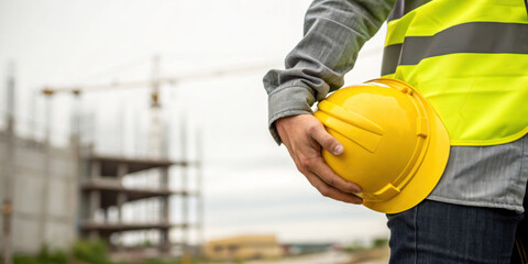Worker holding yellow safety helmet with construction site background in daylight