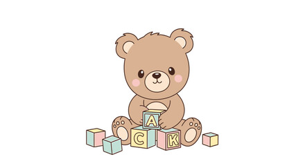 Cute cartoon teddy bear sitting and holding alphabet blocks spelling jack