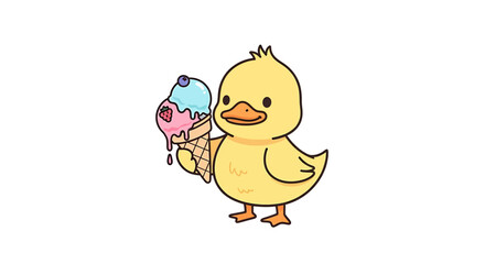 Cute cartoon yellow duckling holding a melting ice cream cone with two scoops, one pink and one blue, isolated on a, perfect for childrens themes and summer fun