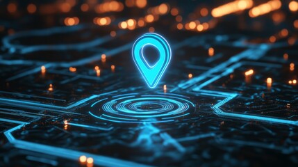 Futuristic cyberspace technology location pin concept aimed revolutionizing innovative businesses, as well as providing advanced engineering solutions and transformative ideas for future developments