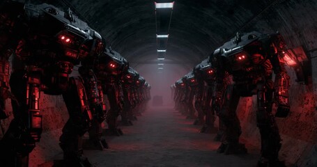 Pushing camera forward through tunnel, bipedal combat mechs responding to signal, revealing weapons - Powered by Adobe