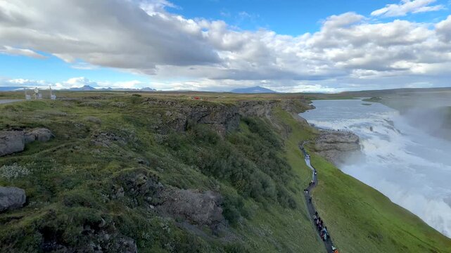Wide Pan of Flowing Water at Gullfoss Waterfall in Iceland