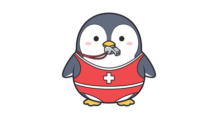 Cute cartoon penguin lifeguard wearing a red swimsuit and holding a whistle in its beak