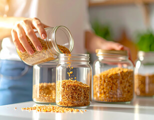 Close up of female hands pouring bulk grains into a glass container for an organized and eco-friendly kitchen pantry
