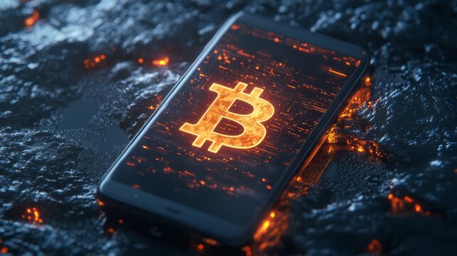 Glowing bitcoin symbol on smartphone amid molten lava and dark background depicting the fiery volatility, power, and energy behind modern cryptocurrency markets decentralized digital finance banking,