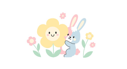 Fototapeta premium Cute cartoon illustration of a happy yellow flower character hugging a blue and pink bunny character, surrounded by small pink and yellow flowers and green leaves, isolated on a