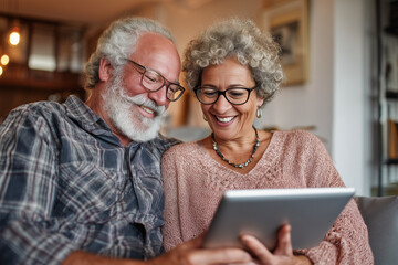 Happy senior couple watching a movie together on iPad