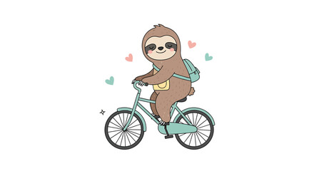 Naklejka premium Cute cartoon sloth riding a bicycle with a backpack, , with hearts and sparkles symbolizing joy and love