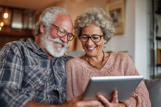 Happy senior couple watching a movie together on iPad 