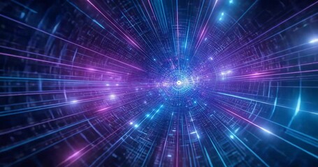 Opening glowing orb pulsing emitting neon beams grid rotating and particles flashing creating depth - Powered by Adobe