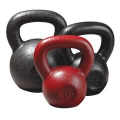 Fototapeta premium A collection of sleek, cast iron kettlebells, each in striking colors, rests poised against a clean background.