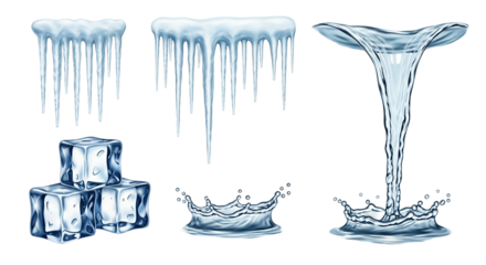 Winter s icy grip releases a thaw with dripping icicles frozen cubes and graceful water bursts on transparent background