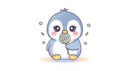 Cute cartoon penguin holding a colorful lollipop