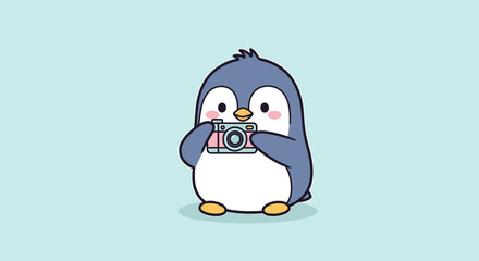 A cute cartoon penguin holding a vintage camera, ready to take a picture, with a soft blue background