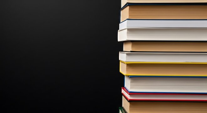 A close-up shot of a neatly stacked pile of books with various colored covers, positioned on the right side against a solid black background, creating a stark contrast.
