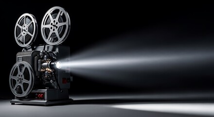 Obraz premium A vintage film projector with large reels casts a powerful, bright beam of light across a dark, smoky room, evoking classic cinema.