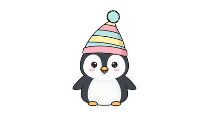 Cute cartoon penguin wearing a colorful striped winter hat with a pompom, , perfect for childrens illustrations and winter themes