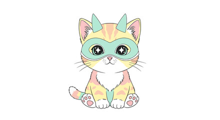 Cute cartoon superhero kitten with big sparkling eyes and colorful pastel fur, wearing a green mask and pointy ears, sitting and looking forward