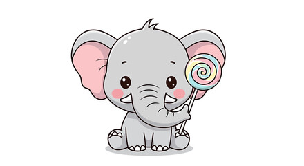 Fototapeta premium Cute cartoon baby elephant sitting and holding a colorful lollipop, , perfect for childrens illustrations and designs