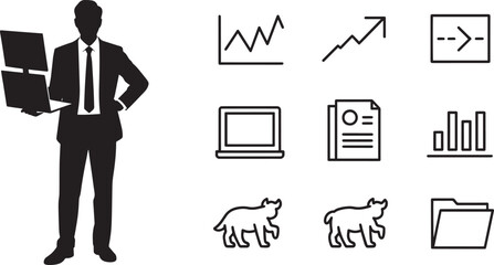 Business Person Silhouette with Financial Icons Set on Transparent Background Vector