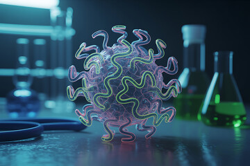 3d Abstract Neon Glowing Monkey pox Virus Medical Background