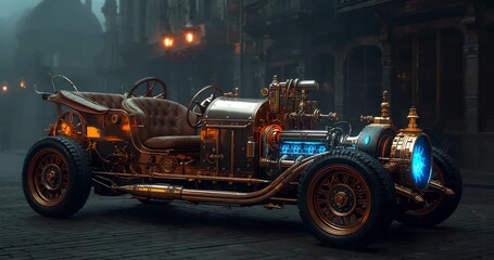 Shot showing steampunk automobile flickering engine glow on wet street highlighting brass fittings - Powered by Adobe