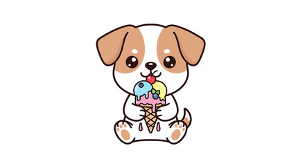 Cute cartoon puppy dog sitting and eating a colorful ice cream cone