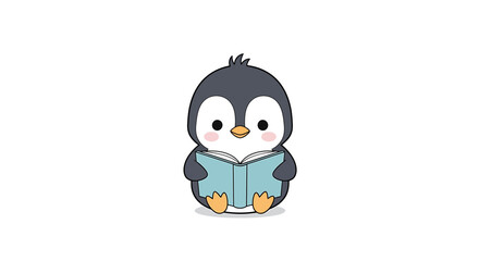 Cute cartoon penguin reading a book