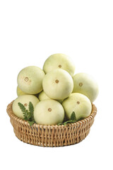Fresh Honeydew Melons in Wicker Basket on White Background