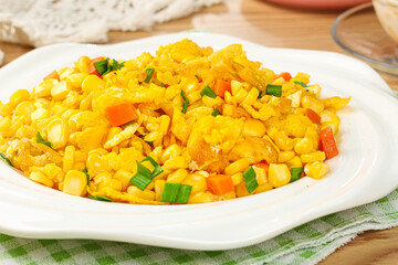 Scrambled Eggs with Golden Corn Kernels and Vegetables - Healthy Breakfast Meal