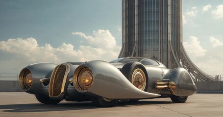 Showing art deco luxury car parked on paved platform under cloudy sky, with metallic tower backdrop - Powered by Adobe