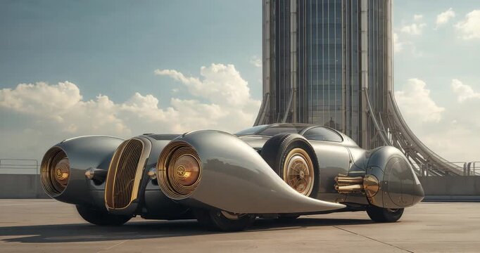 Showing art deco luxury car parked on paved platform under cloudy sky, with metallic tower backdrop
