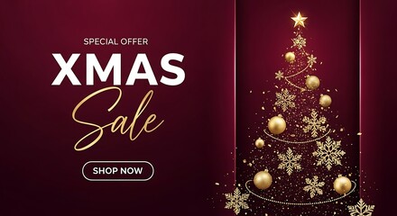 Elegant christmas sale banner with decorated tree and special offer, inviting customers to shop now for festive discounts and holiday cheer on a burgundy backdrop
