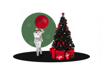 Trend artwork sketch image 3D photo collage of merry christmas new year holiday celebration aged man santa claus stand eve tree ball toy