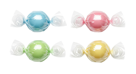 A tempting quartet of pastel candies ready to sweeten any occasion wrapped in shiny cellophane on transparent background