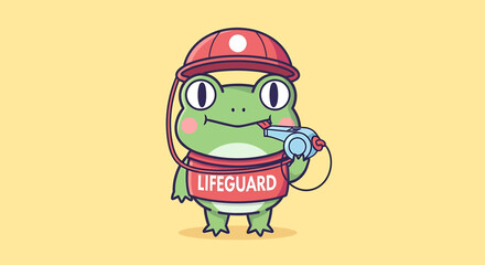 Cute cartoon frog dressed as a lifeguard, wearing a red hat and a red vest with the word lifeguard on it, and holding a whistle in its mouth, standing against a plain yellow background