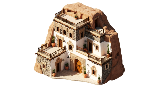 majestic cliffside villa a 3d model of arabian nights fantasy, isolated on transparent background
