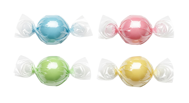 A tempting quartet of pastel candies ready to sweeten any occasion wrapped in shiny cellophane on transparent background