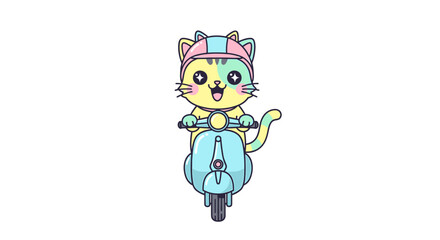 Cute cartoon cat wearing a helmet riding a scooter