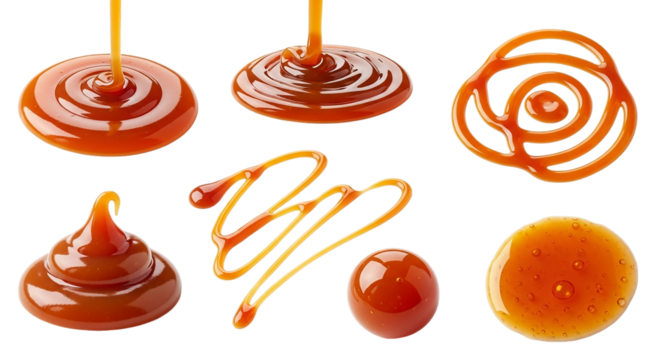 The allure of flowing caramel a cascade of golden sweetness hinting at comfort and indulgence on transparent background