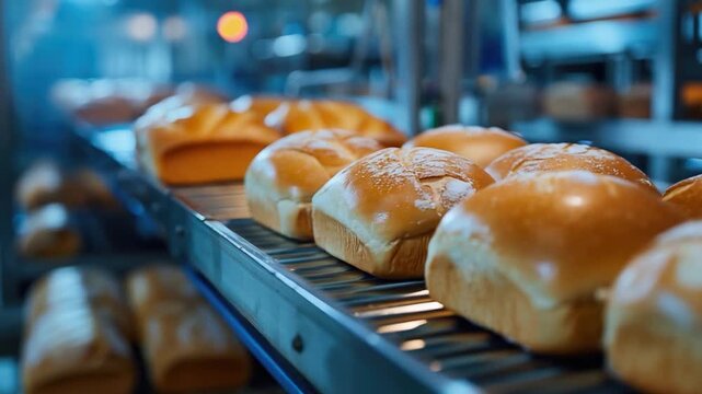 A row of fresh bread rolls moving along a production line