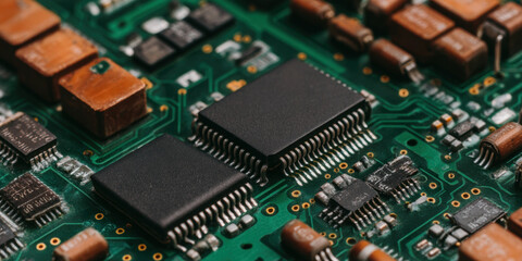  close-up view of a printed circuit board featuring various electronic components and microchips.
