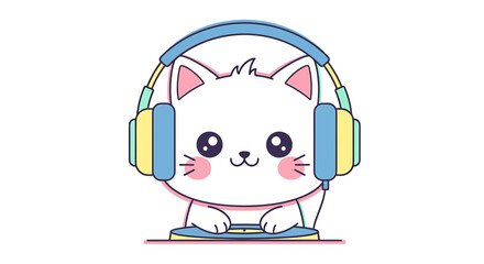 Cute cartoon white kitten wearing blue and yellow headphones, with pink cheeks, sitting in front of a keyboard