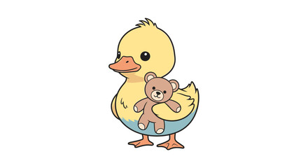 Cute cartoon yellow duckling holding a small teddy bear, , perfect for childrens illustrations and designs
