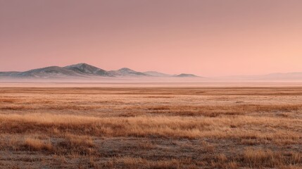 Obraz premium Vast golden grassland under a soft pink dawn sky, with distant hazy mountains on the horizon.