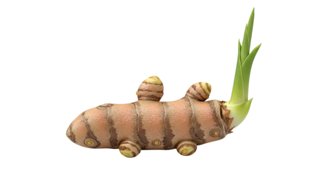 The resilient turmeric root sends out vibrant green shoots against a stark black backdrop a symbol of growth and